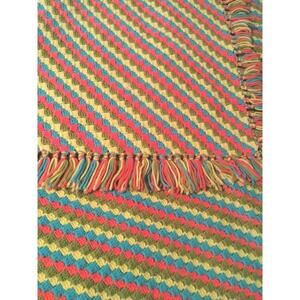 Vintage Handmade Crochet Afghan Blanket Blue Green Pink Yellow Neon 68”x 51"